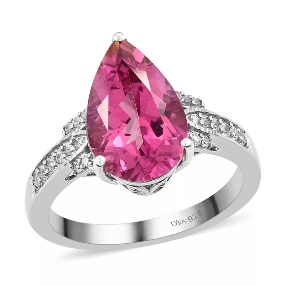 Genuine Pink Topaz & White Zircon Sterling Silver Platinum Overlay Ring Sz 7